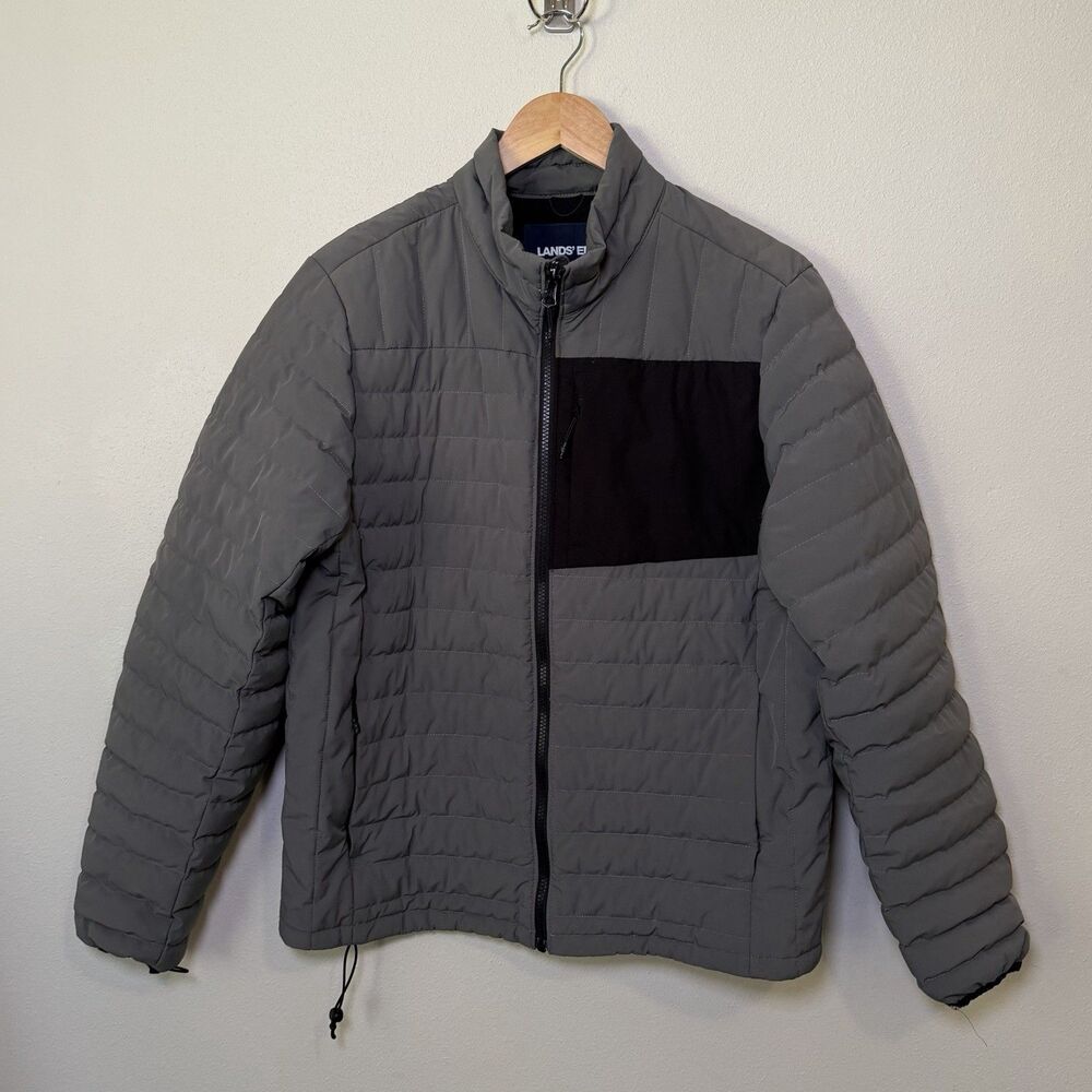 Lands' End Hybrid Down Puffer Jacket Mens M Gray Black Packable Lightweight Coat